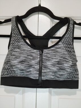 Black & Gray Front-Zip Sports Bra w/ Removable Padded Cups